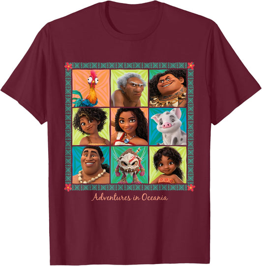 Disney Moana 2 Hero Character Grid Adventures in Oceania T-Shirt - T-Shirt | Maroon