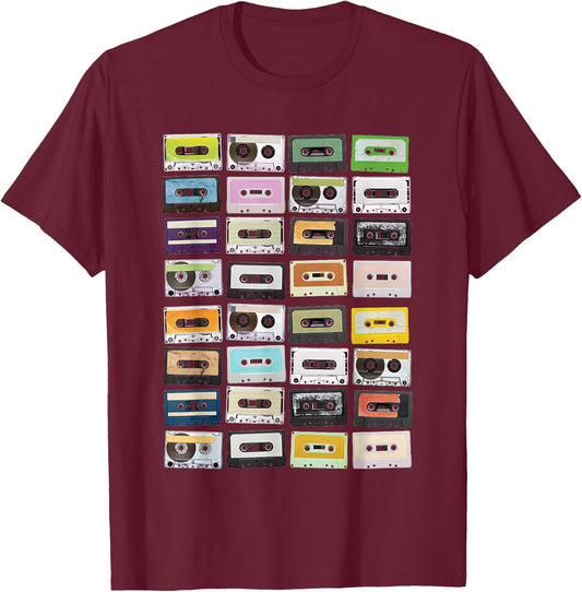 Cassette Tapes Mixtapes 1980s Radio Music Graphic Print Small T-Shirt - T-Shirt | Maroon