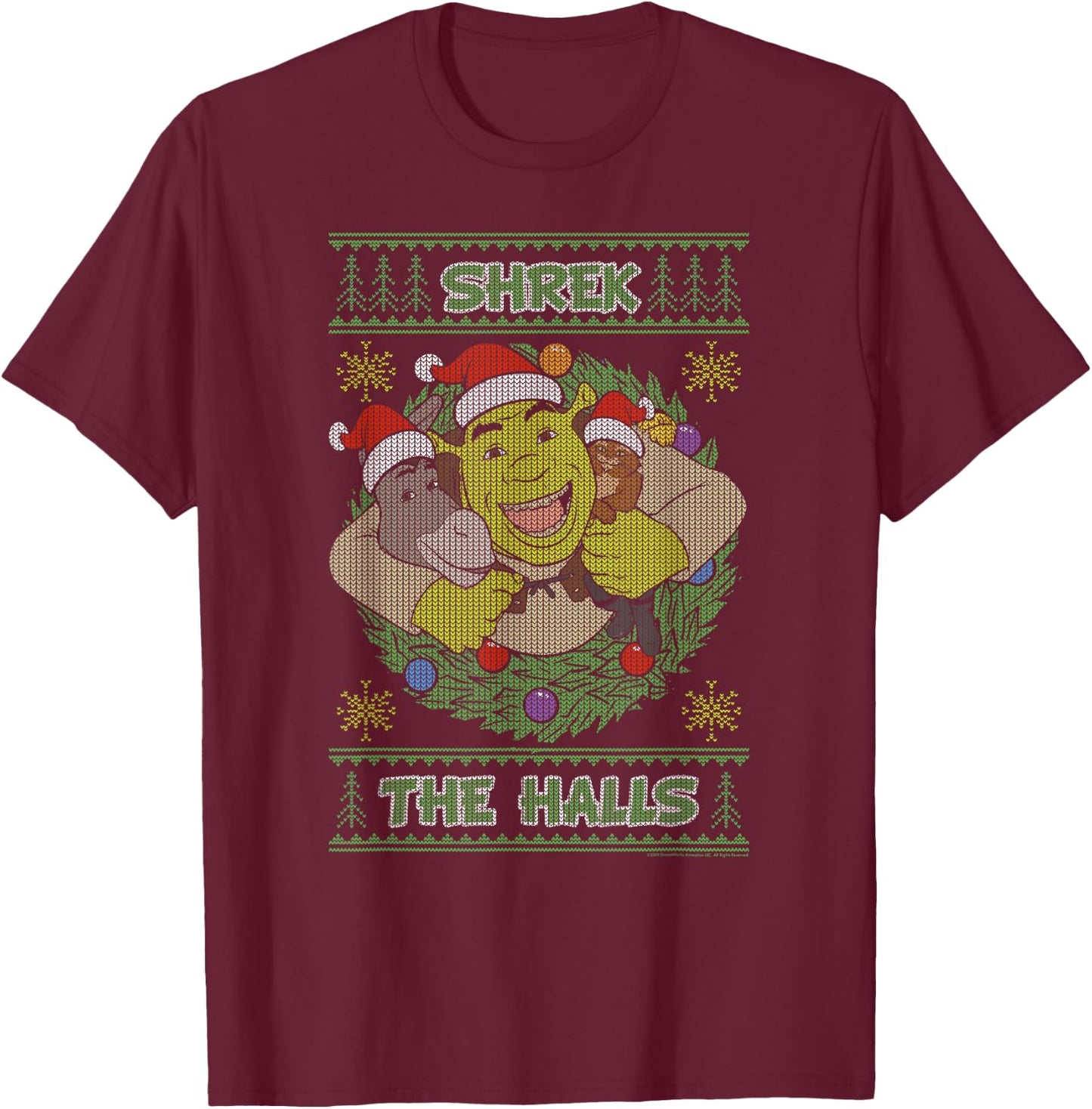 Shrek The Halls Holiday Text Pattern T-Shirt - T-Shirt | Maroon
