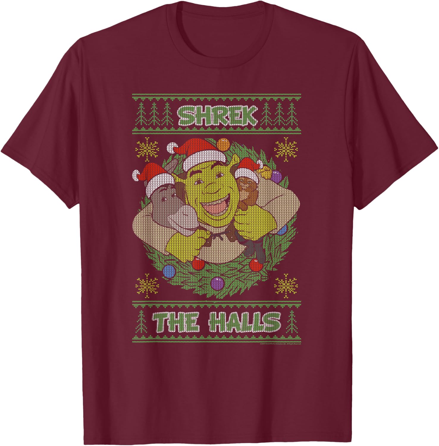 Shrek The Halls Holiday Text Pattern T-Shirt - T-Shirt | Maroon