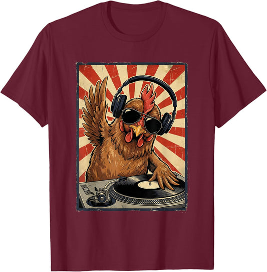 Cool Retro Chicken DJ Funny Rooster Music Men Women Kids T-Shirt - T-Shirt | Maroon