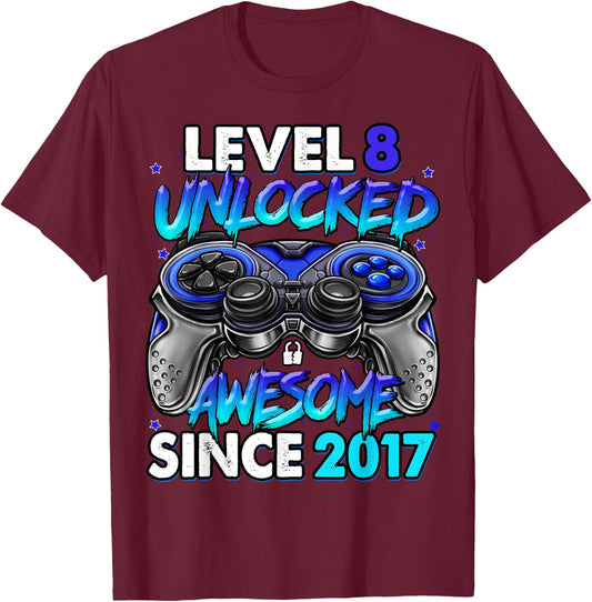Level 8 Unlocked Awesome Since 2017 8th Birthday Gaming T-Shirt - T-Shirt | Maroon