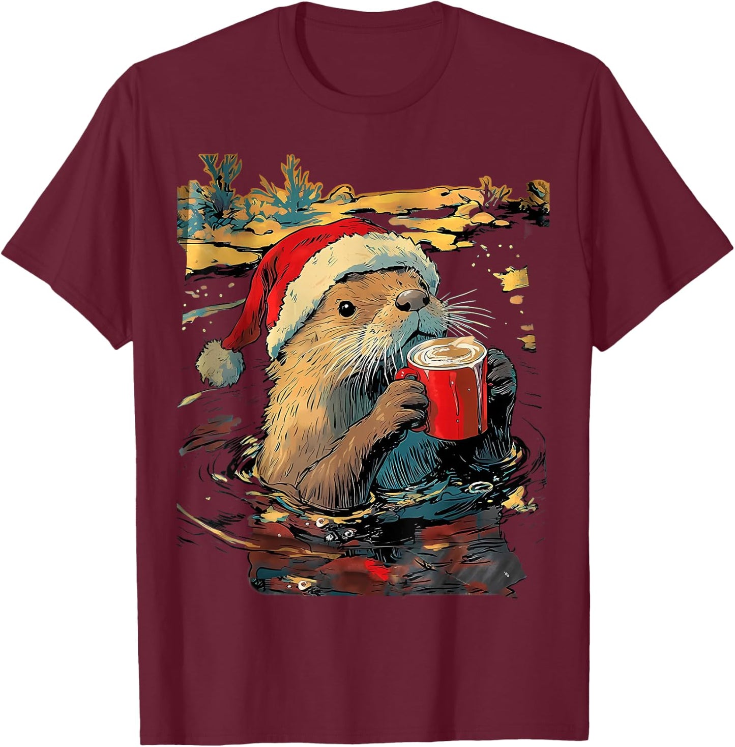 Christmas Otter Drinks Coffee Art Print T-Shirt - T-Shirt | Maroon