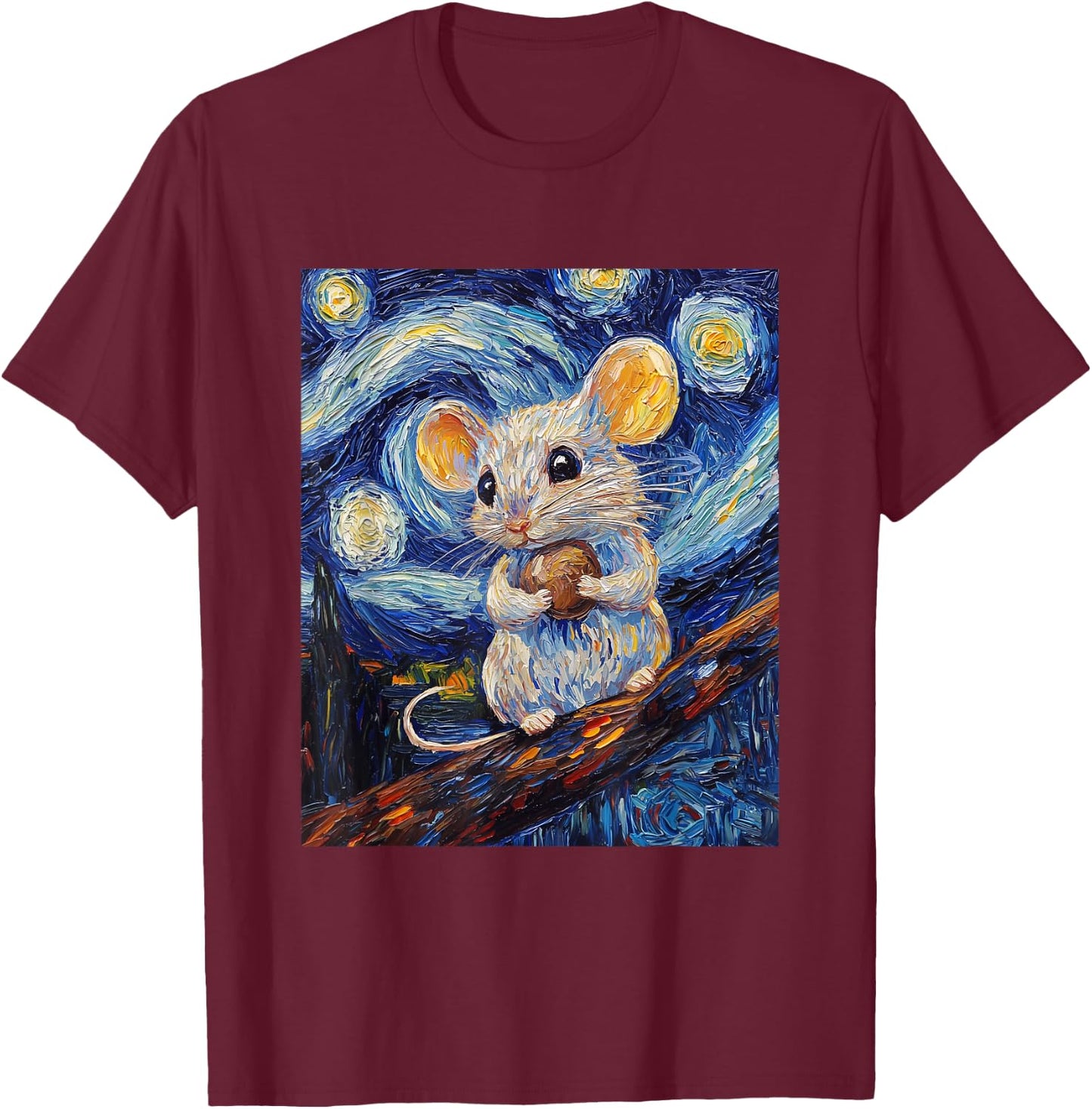 Cute Mouse Rat - Van Gogh Style - Starry Night Graphic T-Shirt - T-Shirt | Maroon