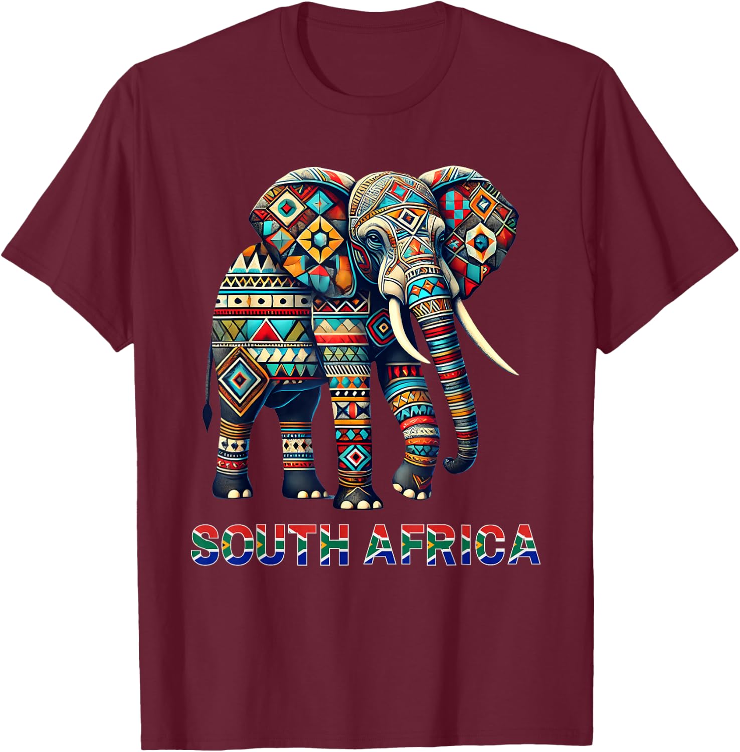 Geometric Elephant South African Tribal Wildlife Art T-Shirt - T-Shirt | Maroon
