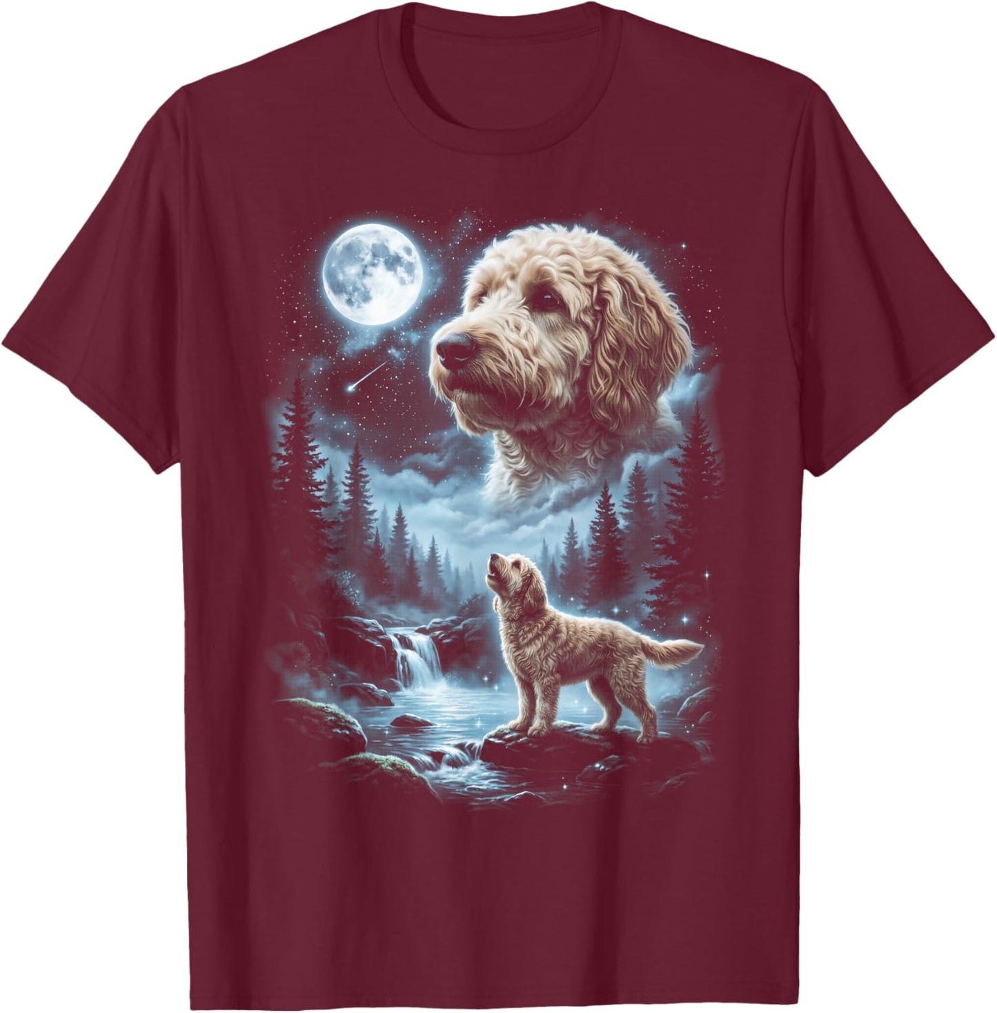 Goldendoodle Howling to the Moon Retro 90's Dog T-Shirt - T-Shirt | Maroon