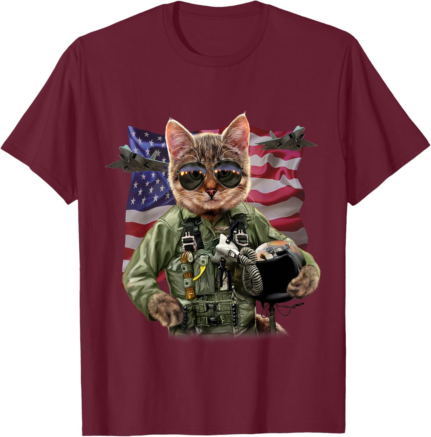Cat Fighter Pilot with American Flag and Jets T-Shirt - T-Shirt | Maroon