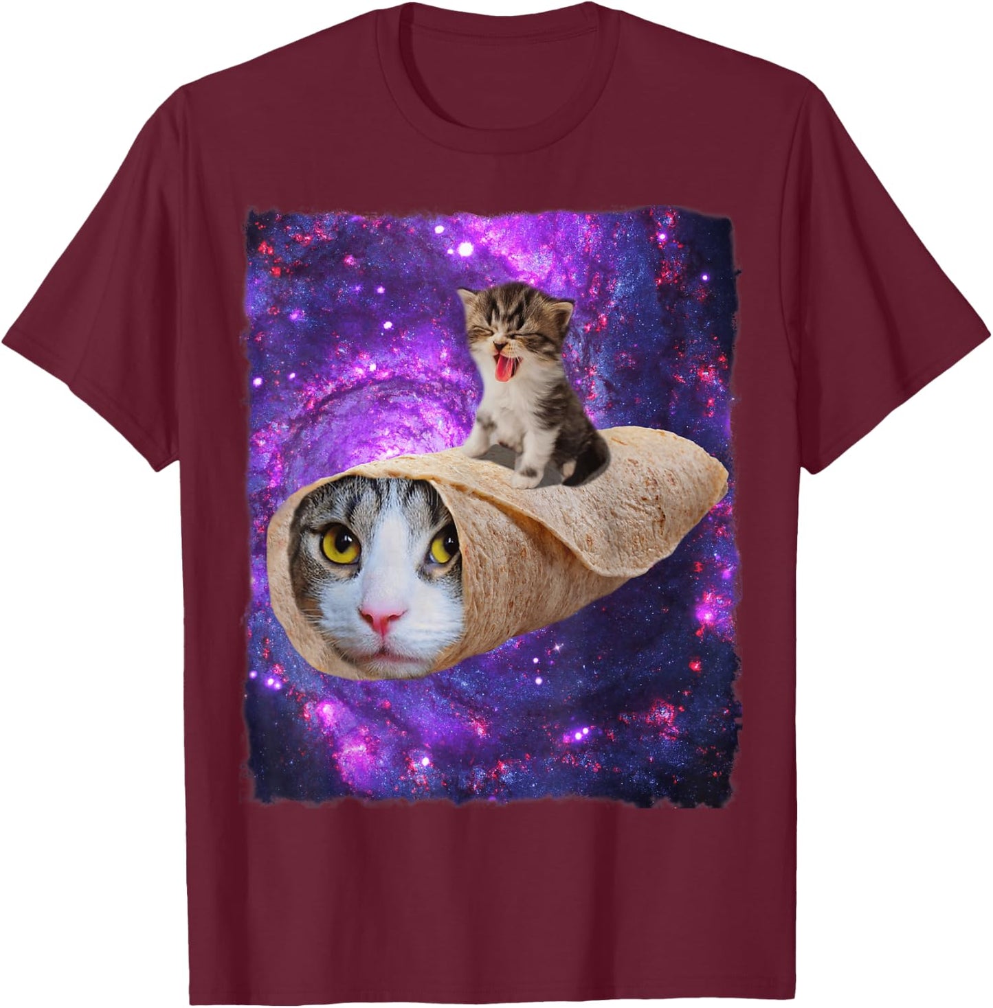 Cute Space Cat Kitty Riding A Burrito Cat In Outer Space T-Shirt - T-Shirt | Maroon
