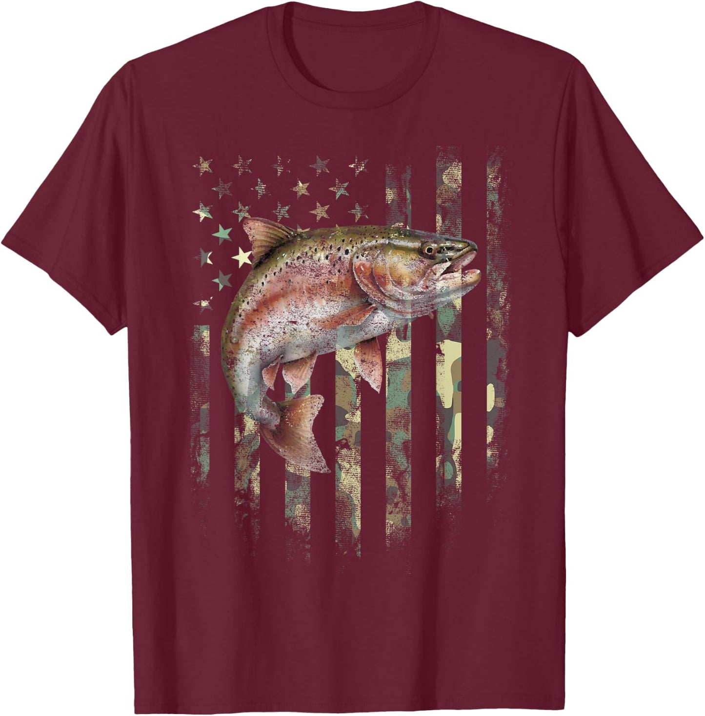 American USA Flag Rainbow Trout Fishing Camo Camouflage T-Shirt - T-Shirt | Maroon