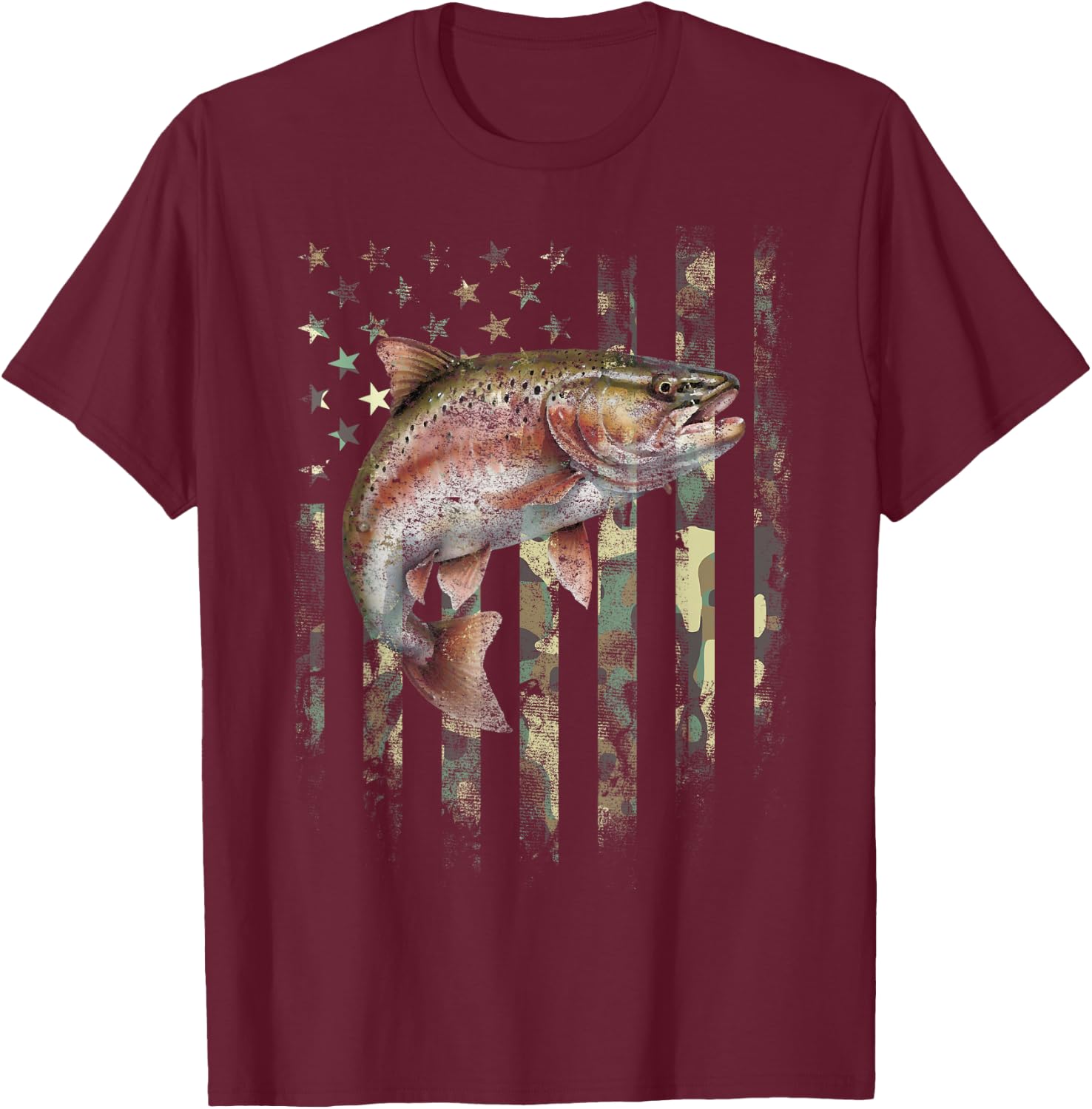 American USA Flag Rainbow Trout Fishing Camo Camouflage T-Shirt - T-Shirt | Maroon