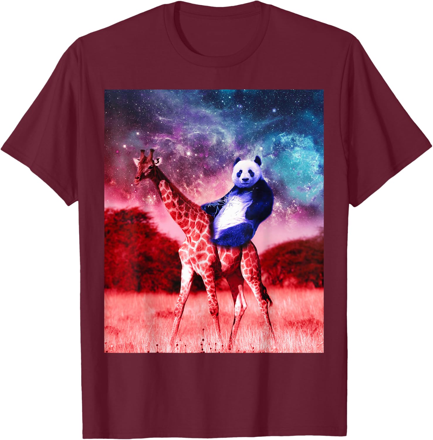 Trippy Panda Riding Giraffe In Space T-Shirt - T-Shirt | Maroon