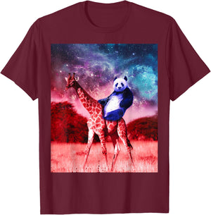 Trippy Panda Riding Giraffe In Space T-Shirt - T-Shirt | Maroon