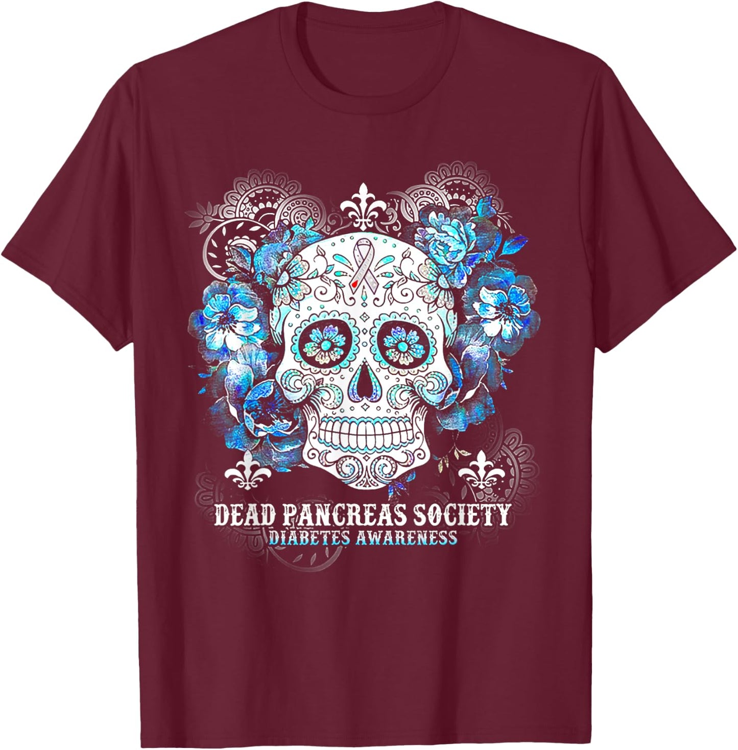 Dead Pancreas Society Diabetes Awareness Skull Flower T-Shirt - T-Shirt | Maroon