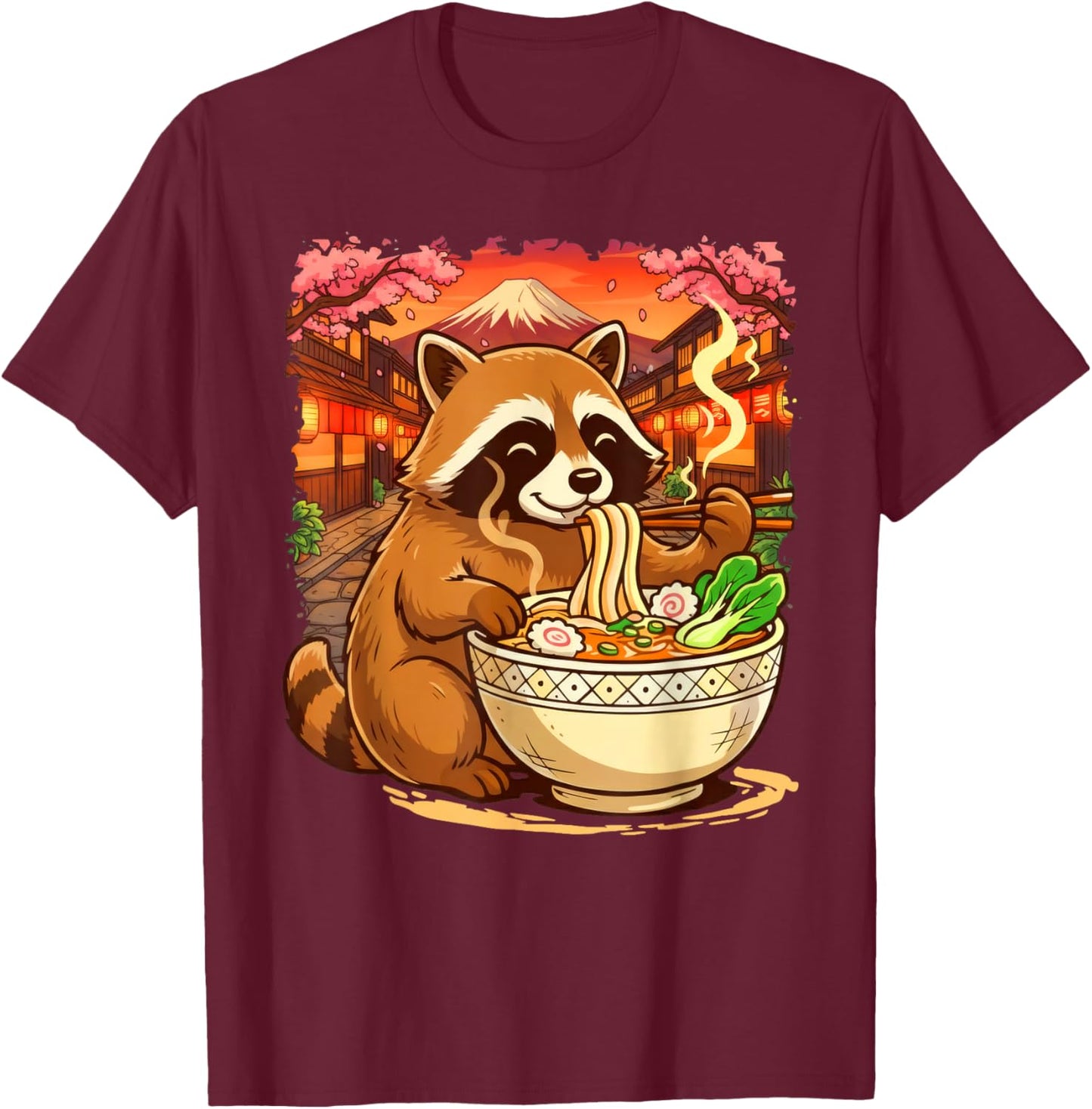 Funny Racoon Eating Ramen Japanese Kawaii Feral Anime Lovers T-Shirt - T-Shirt | Maroon