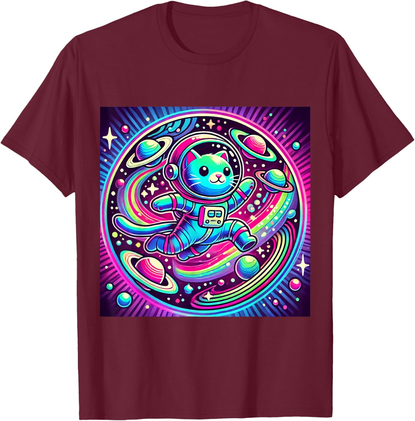 Astronaut Cat Flying Through a Neon Galaxy T-Shirt - T-Shirt | Maroon