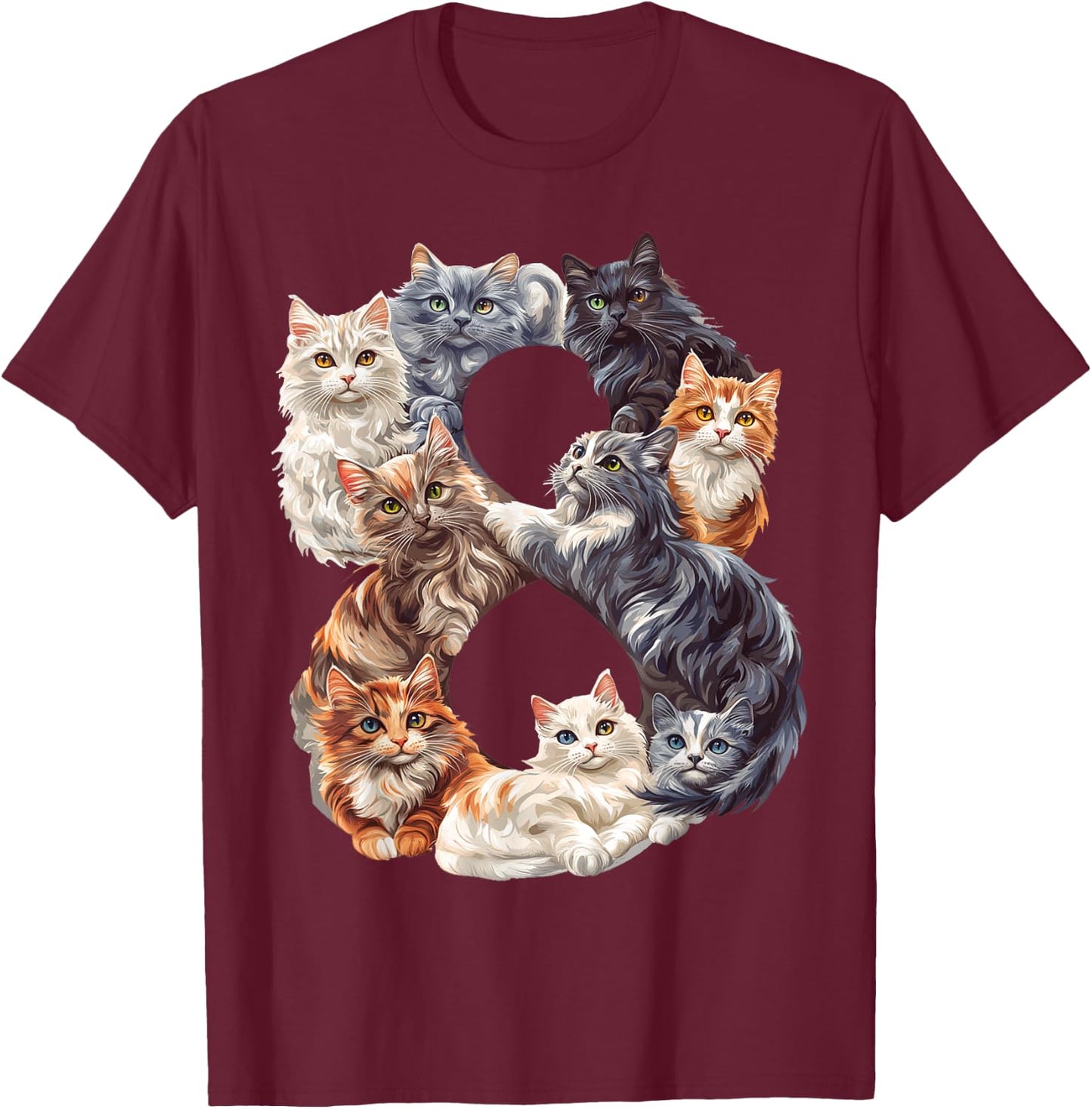 Fun 8th Birthday Kittens Cats Themed 8 Year Old Kids Girls T-Shirt - T-Shirt | Maroon