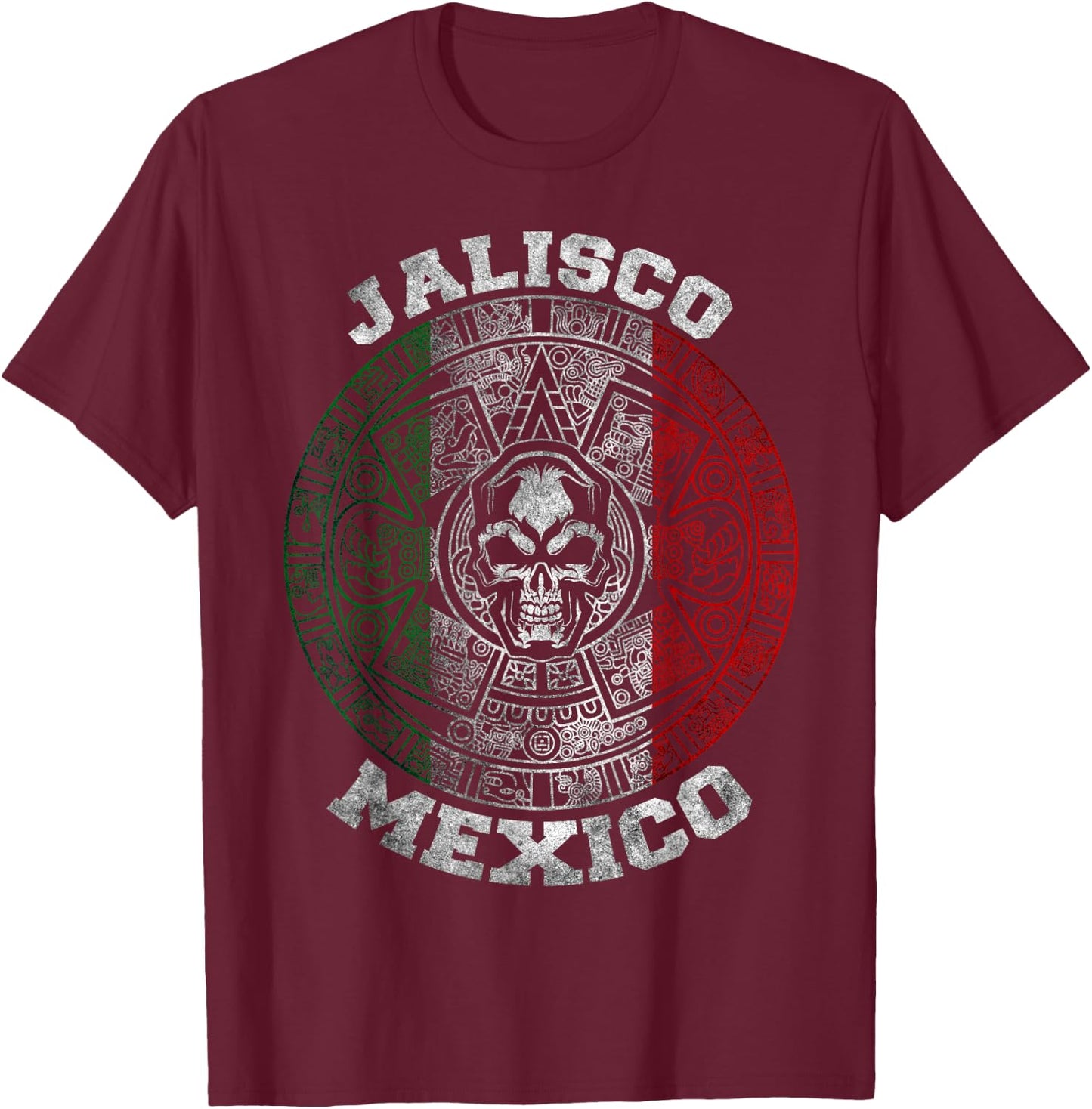 Jalisco Aztec Mayan Calendar Skull. Mexican Pride Symbol T-Shirt - T-Shirt | Maroon
