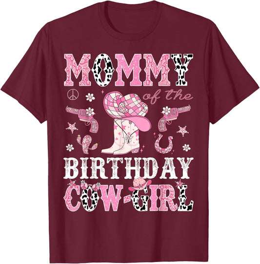 Mommy Of The Birthday CowGirl Pink Disco Rodeo Western T-Shirt - T-Shirt | Maroon