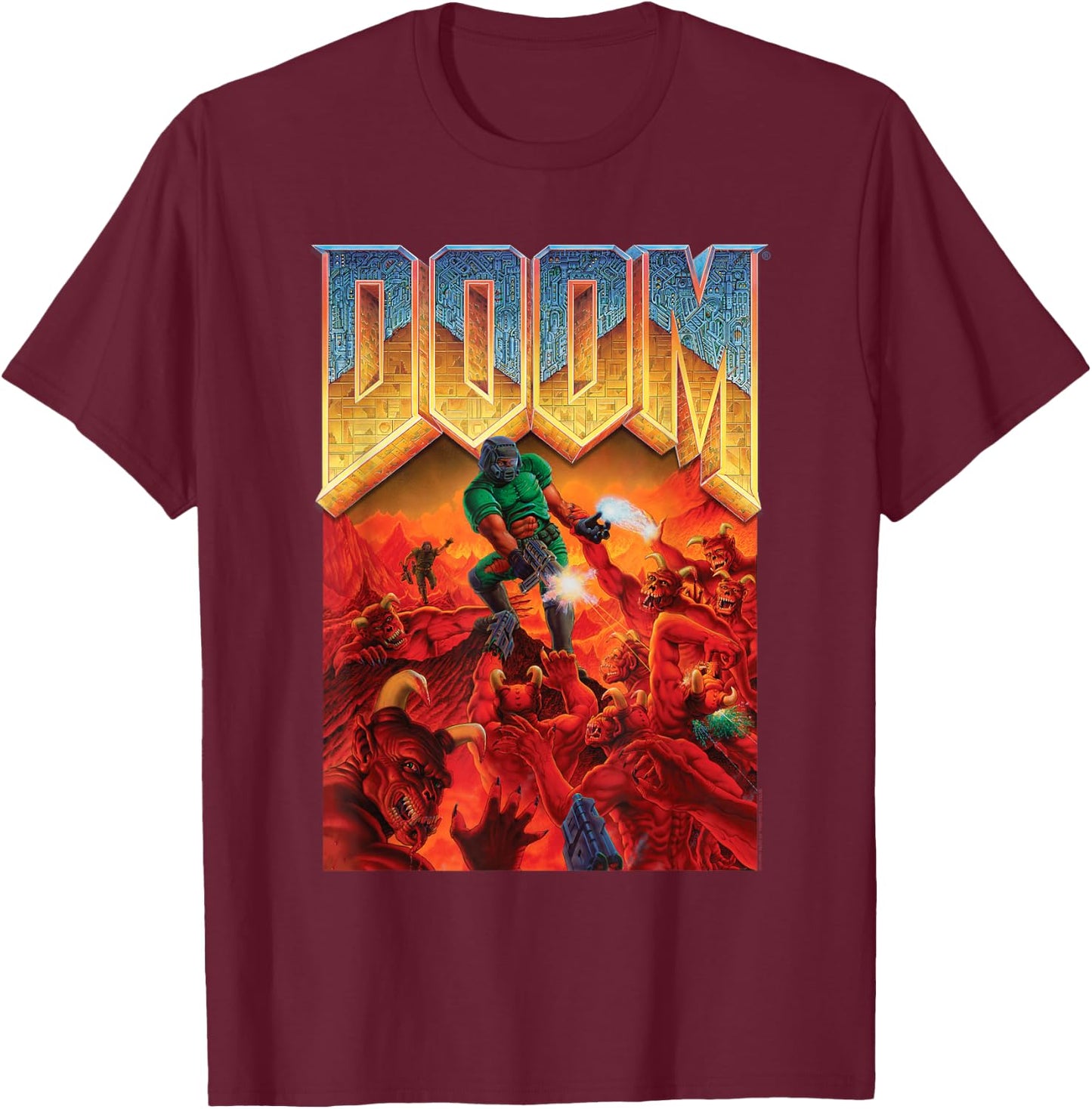Doom 1993 Full Color Cover Art Retro Video Game T-Shirt - T-Shirt | Maroon