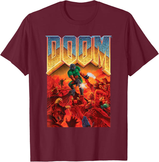 Doom 1993 Full Color Cover Art Retro Video Game T-Shirt - T-Shirt | Maroon