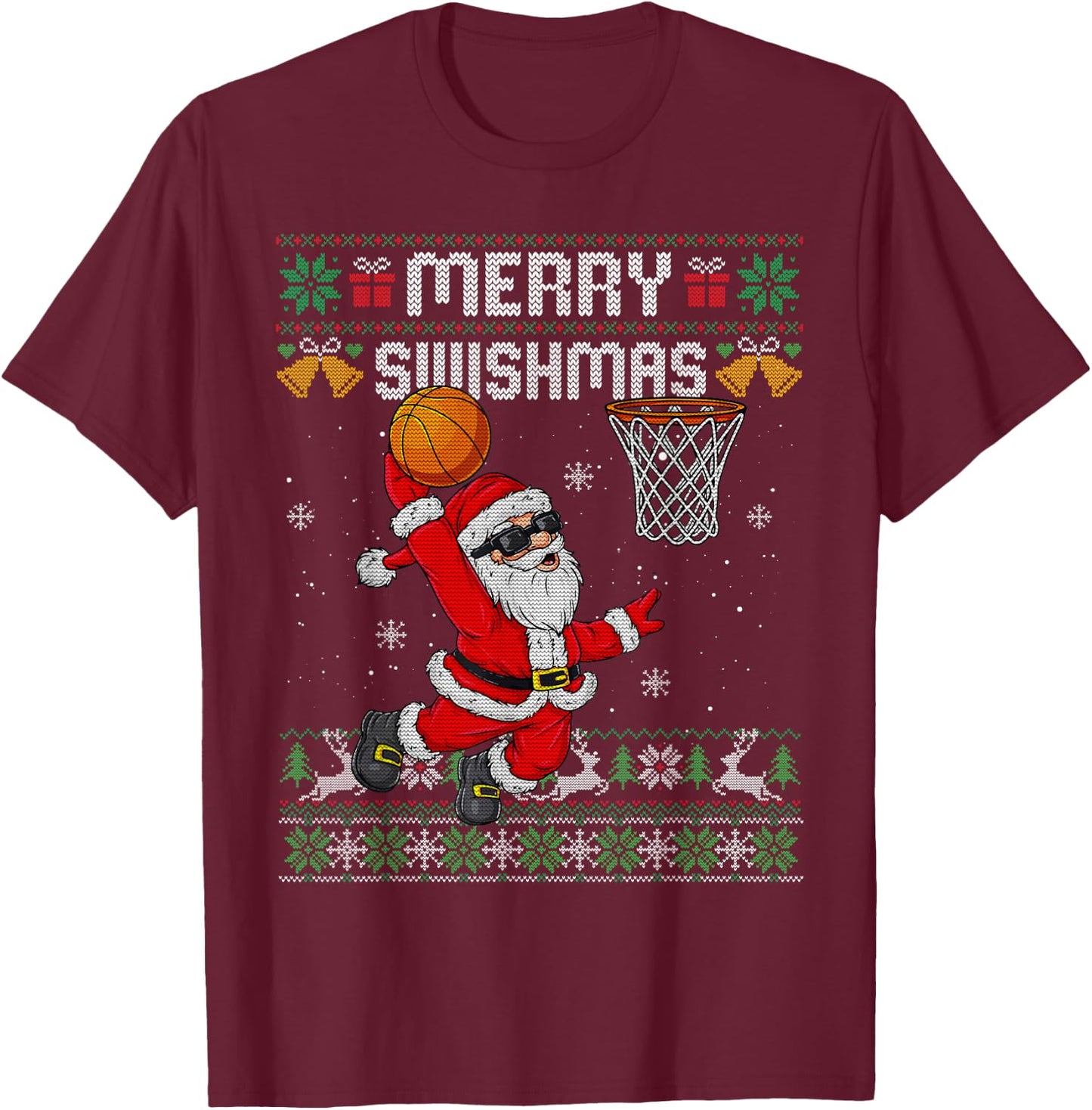 Merry Swishmas Ugly Christmas Sweater Funny Basketball Santa T-Shirt - T-Shirt | Maroon
