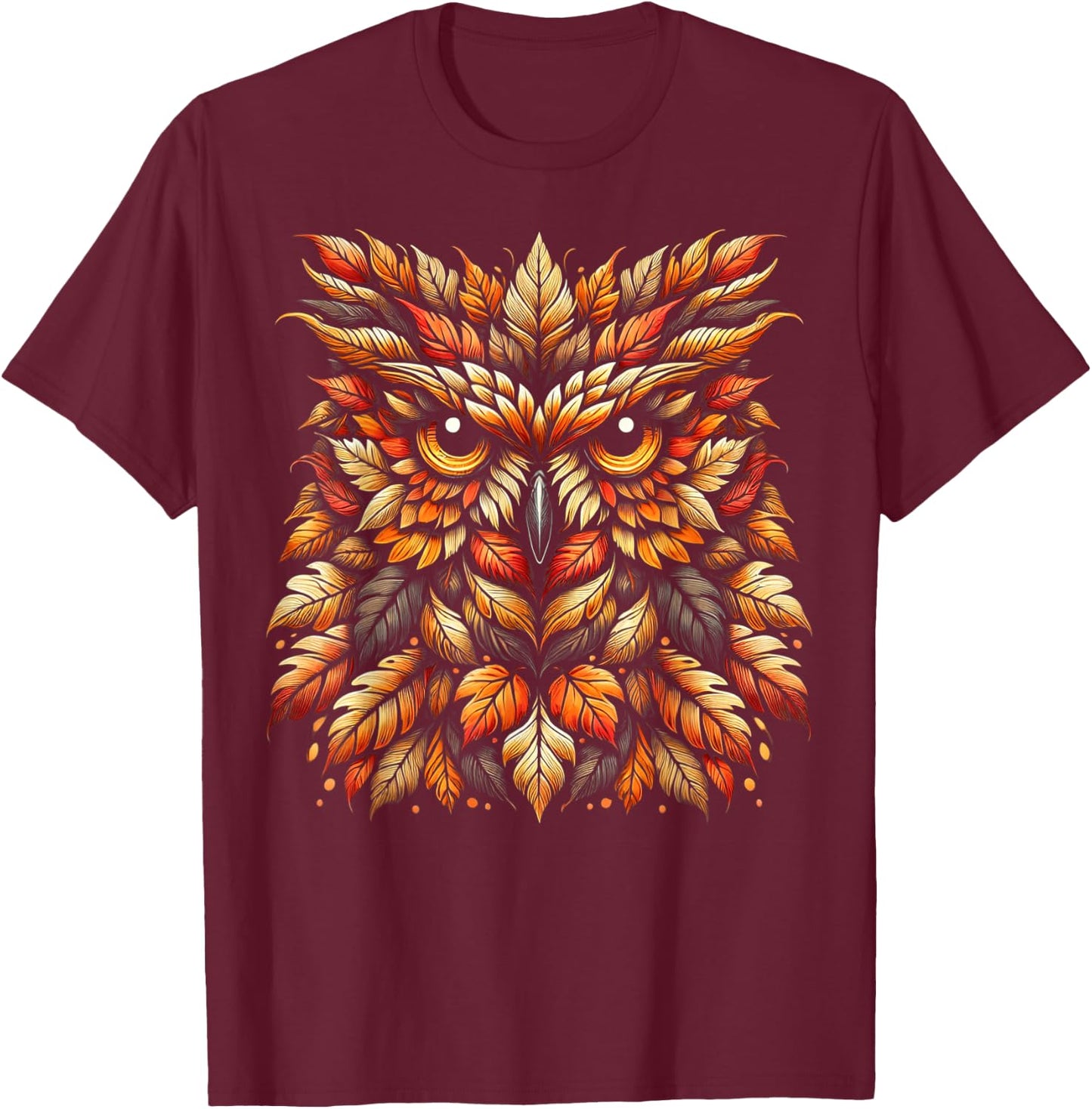 Autumn Leaf Owl Art Stunning Fall Wildlife Illustration T-Shirt - T-Shirt | Maroon