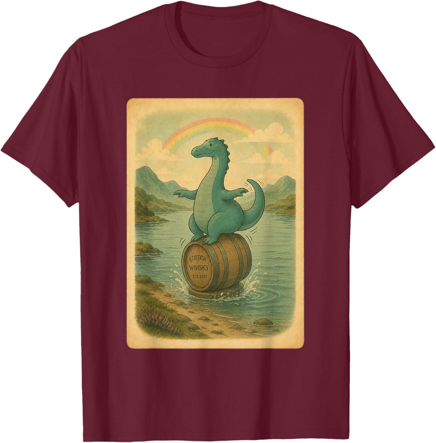 Whisky Barrel Nessie in Scotland T-Shirt - T-Shirt | Maroon