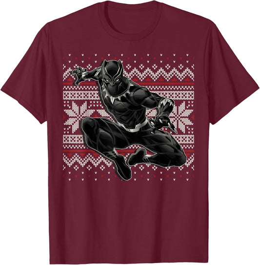 Marvel Black Panther Crouch Ugly Christmas Sweater T-Shirt - T-Shirt | Maroon
