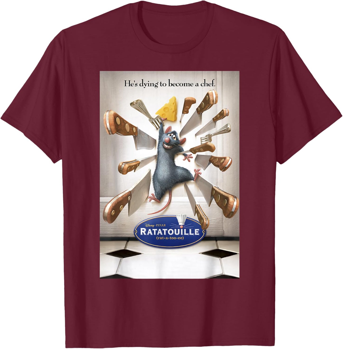 Disney Pixar Ratatouille He's Dying To Become A Chef Poster T-Shirt - T-Shirt | Maroon