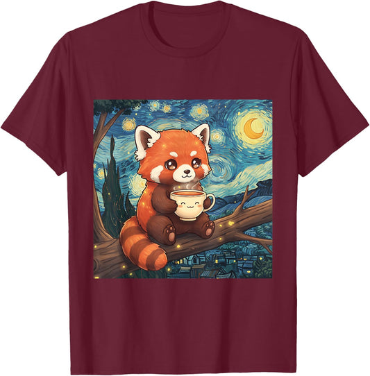 Fluffy Red Panda Holding Tea Cup Van Gogh Starry Night Art T-Shirt - T-Shirt | Maroon