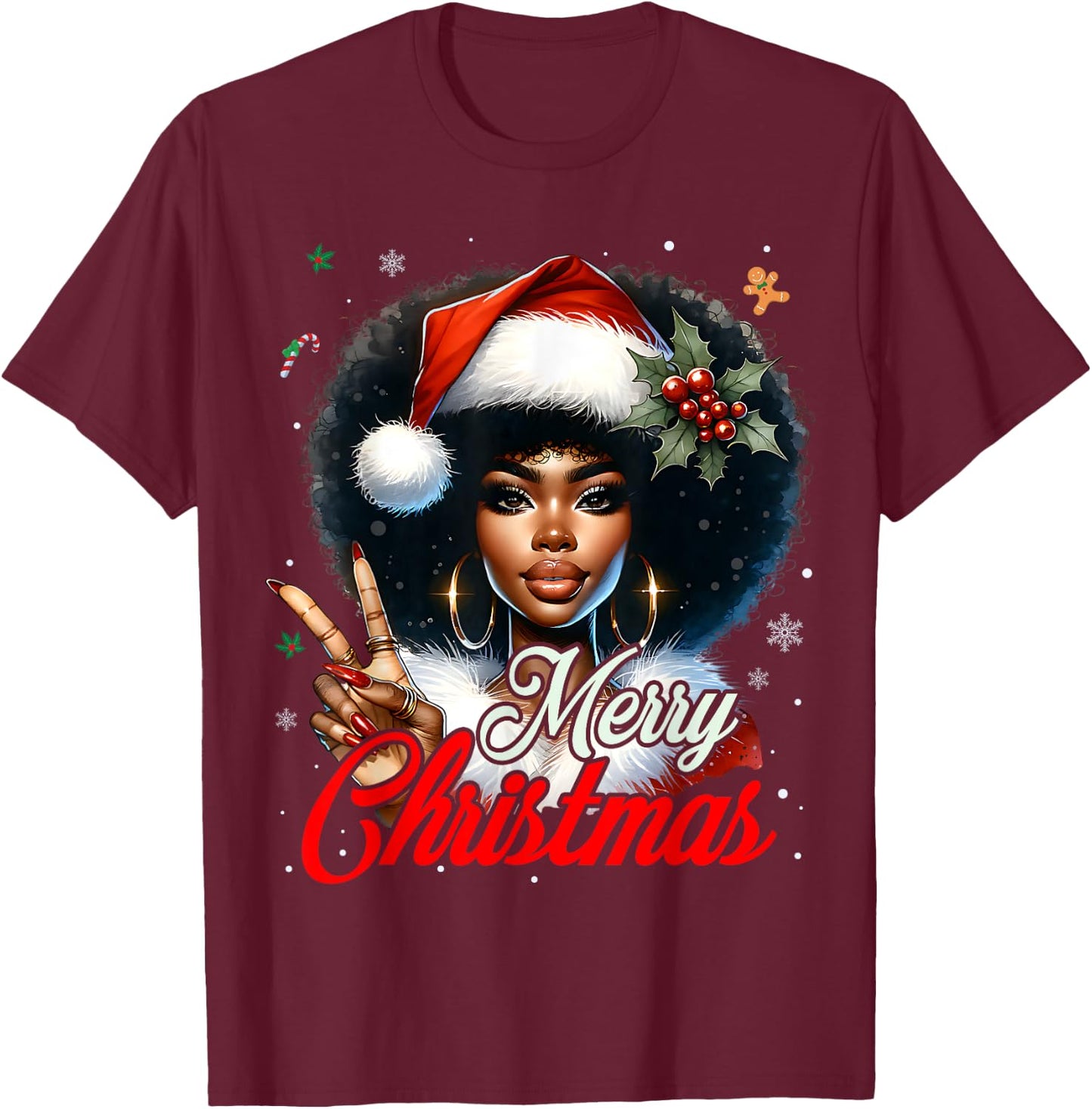 Black African American Christmas Girl Melanin Santa Xmas T-Shirt - T-Shirt | Maroon