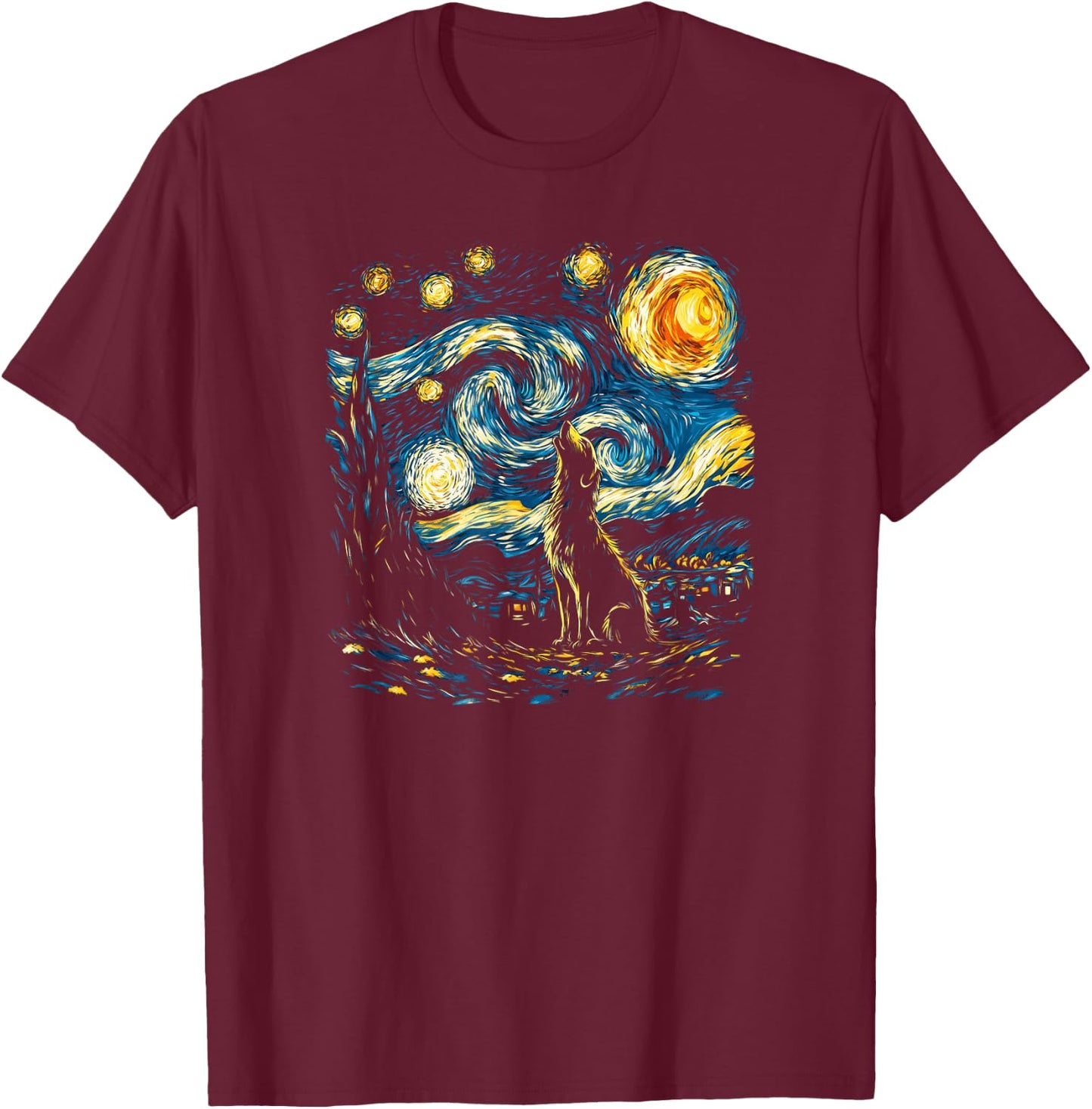 Wolf Starry Night Howling Moon Funny Van Gogh Graphic T-Shirt - T-Shirt | Maroon