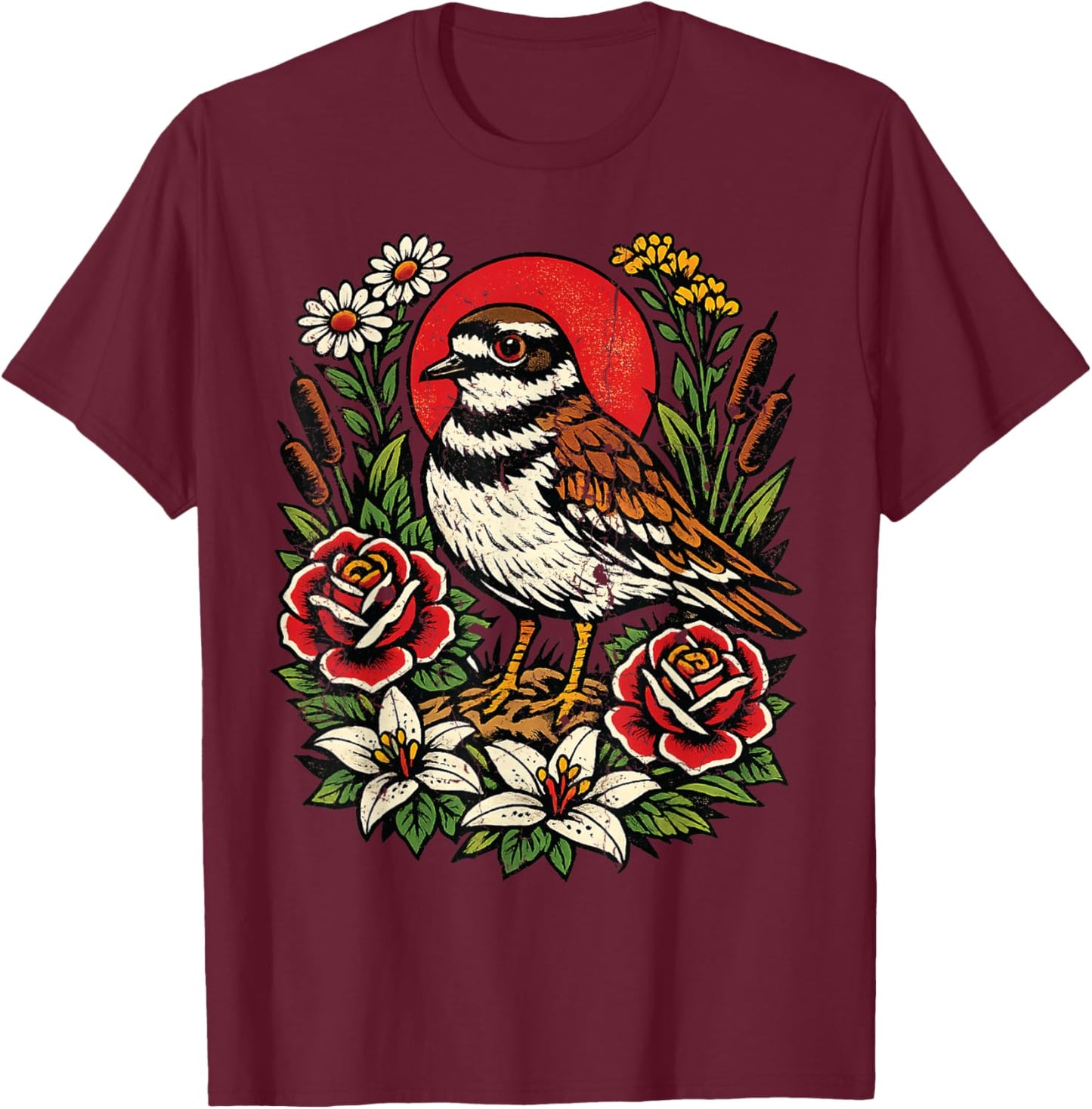 Vintage Killdeer Bird Tattoo Style Birdwatching Design T-Shirt - T-Shirt | Maroon