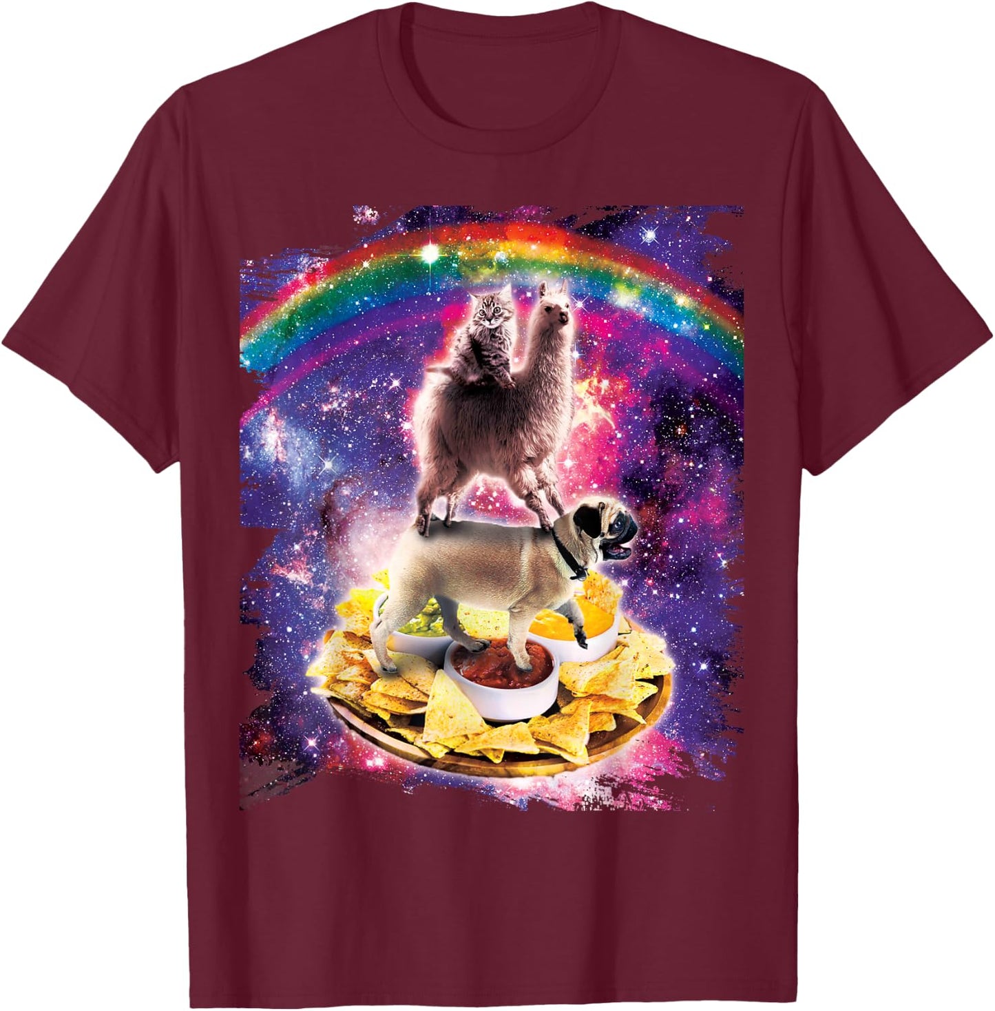 Space Cat Llama Pug Riding Nachos T-Shirt - T-Shirt | Maroon