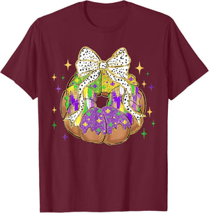 Retro King Cake Coquette Bow Beads Happy Mardi Gras Carnival T-Shirt - T-Shirt | Maroon