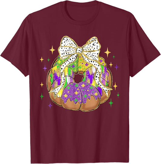 Retro King Cake Coquette Bow Beads Happy Mardi Gras Carnival T-Shirt - T-Shirt | Maroon