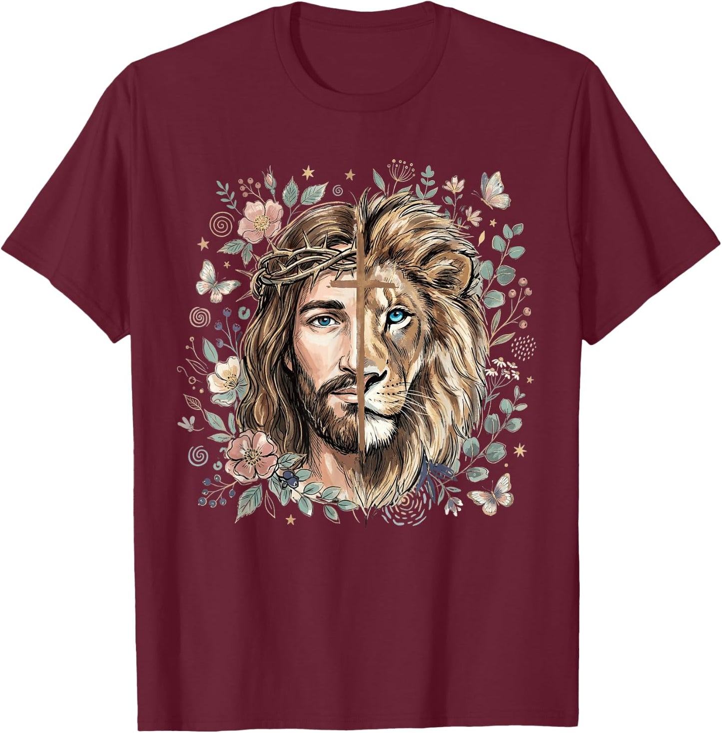 Lion of Judah Jesus Christian Cross Floral Faith Religious T-Shirt - T-Shirt | Maroon