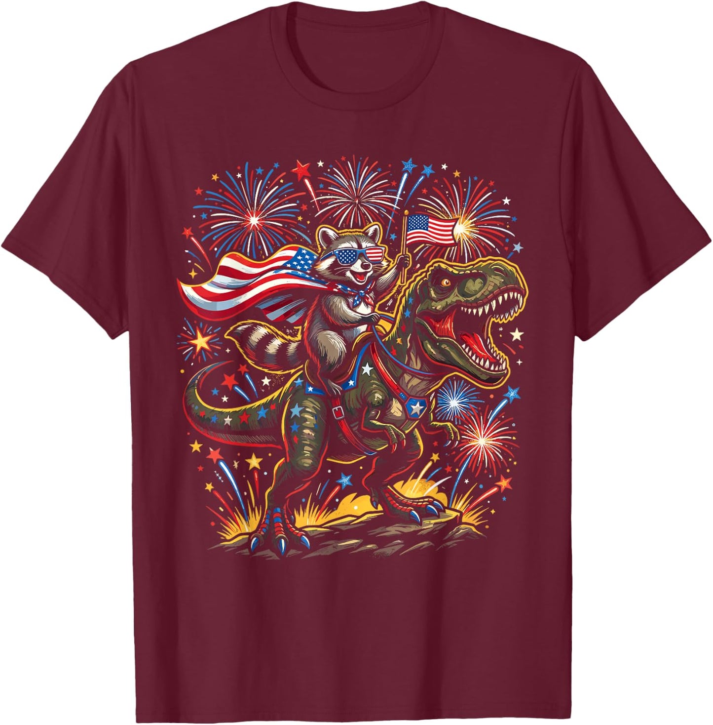 Funny 4th of July Shirts, Patriotic Raccoon Dinosaur T-Shirt - T-Shirt | Maroon