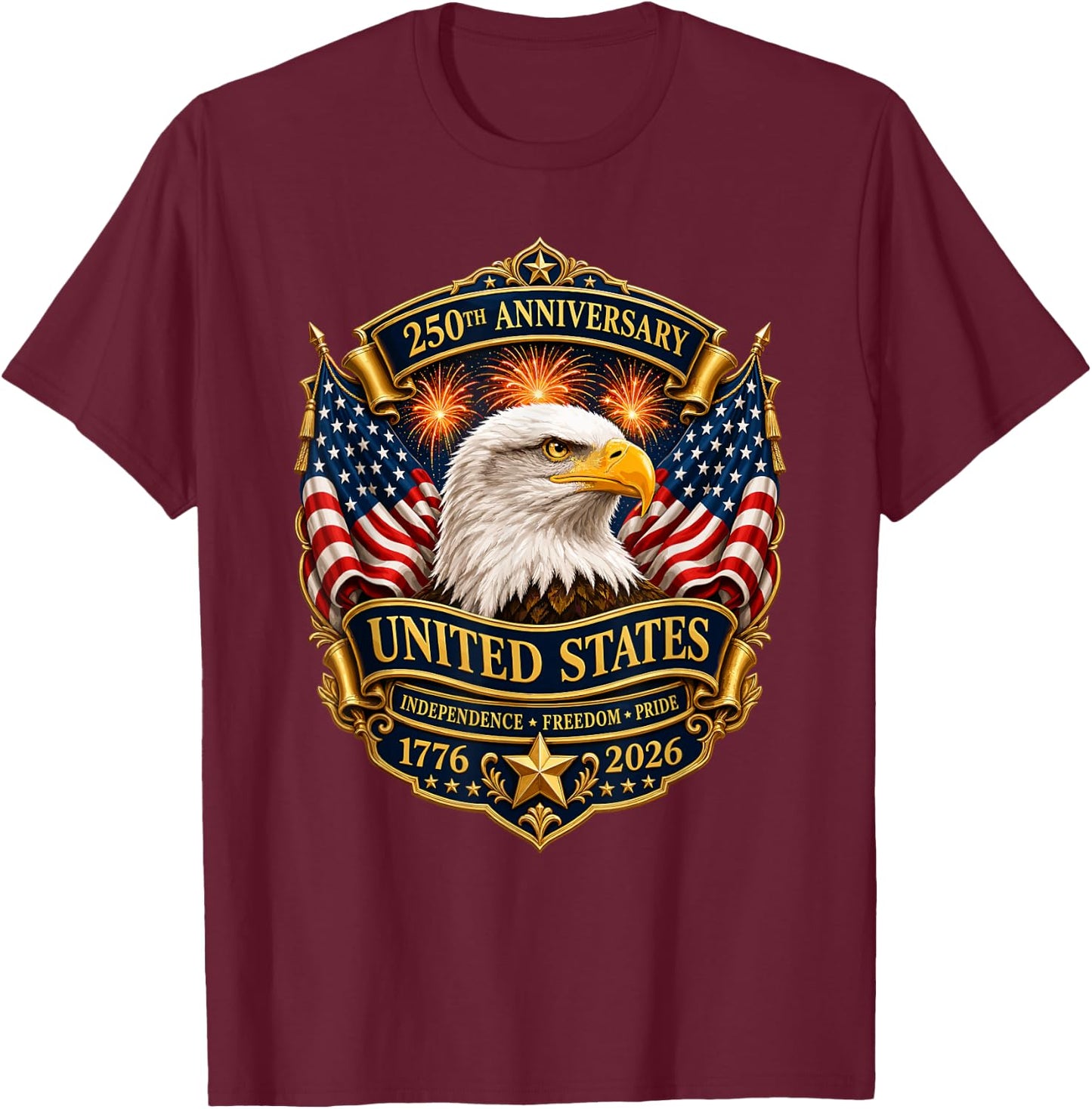 USA 250th Anniversary 4th July American Flag Eagle Semiquin T-Shirt - T-Shirt | Maroon