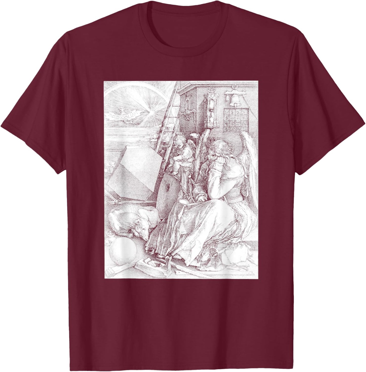 Albrecht Durer, Melancholia I - Vintage Engraving - Occult T-Shirt - T-Shirt | Maroon