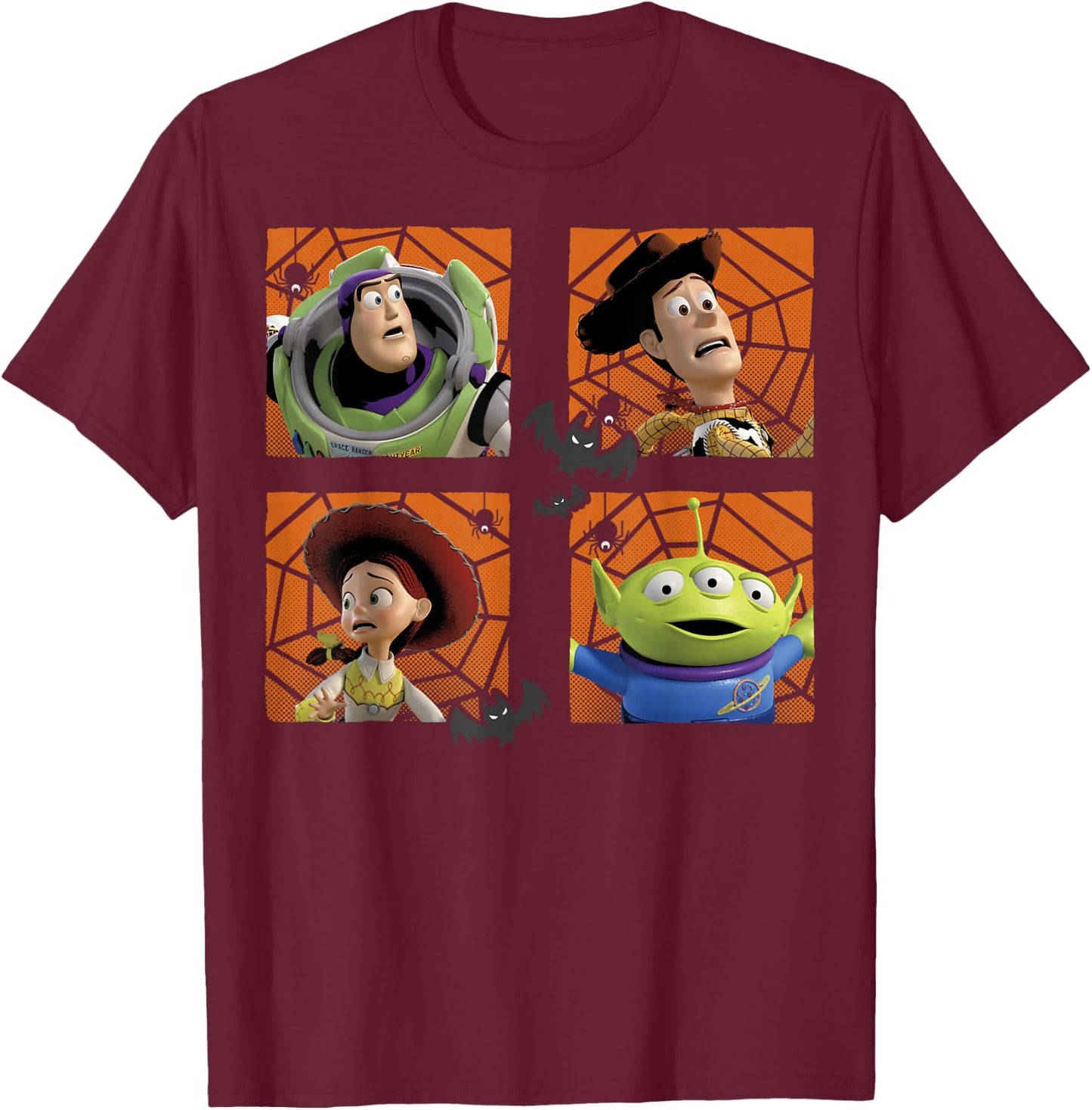 Disney Pixar Toy Story Halloween Buzz Woody Spiderweb Panels T-Shirt - T-Shirt | Maroon