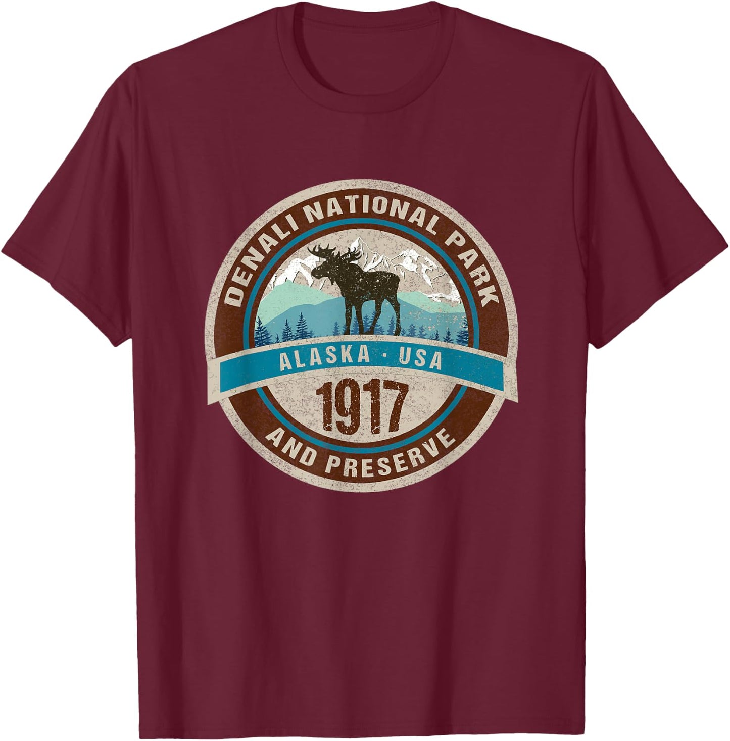 Denali National Park Alaska Vintage Moose Mountains Novelty T-Shirt - T-Shirt | Maroon