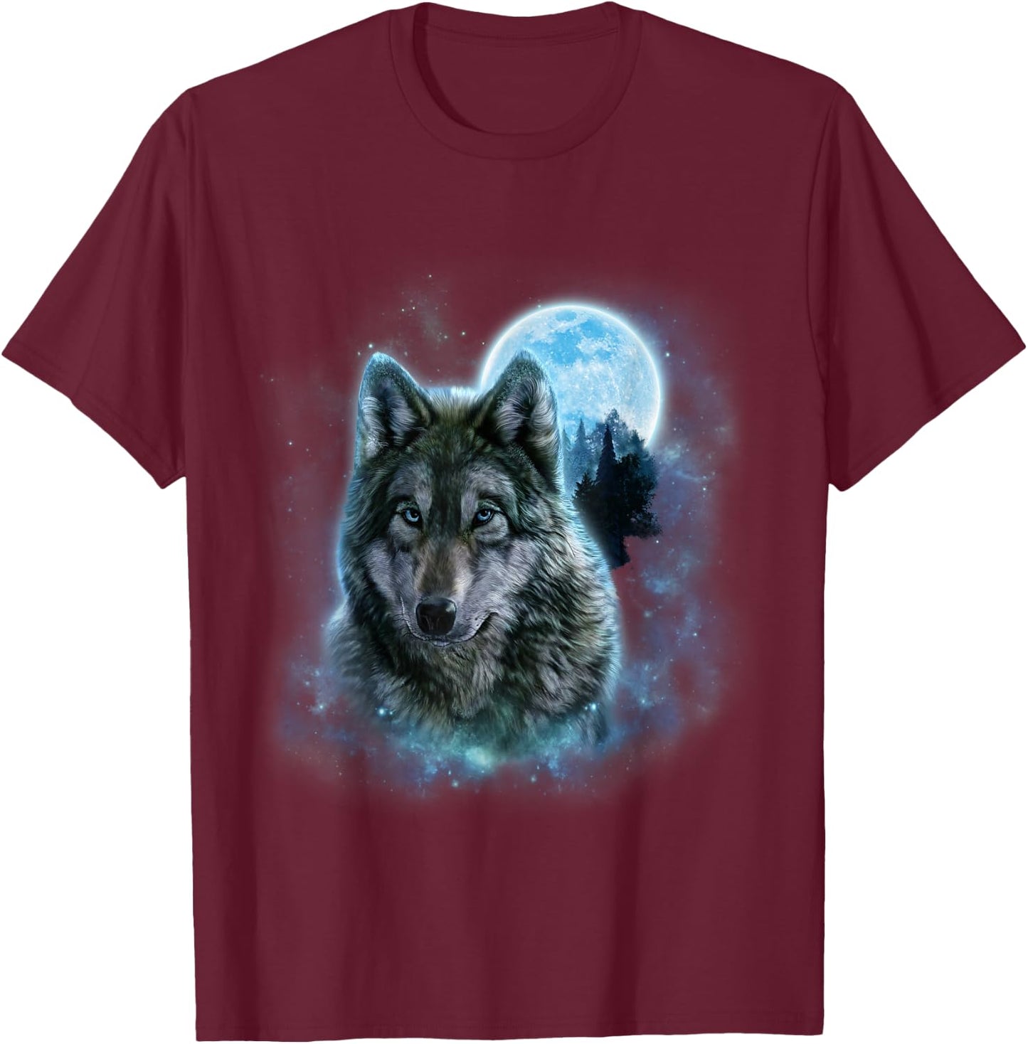 Grey Wolf Hunting Ground, ICY Moon, Forest, Galaxy T-Shirt - T-Shirt | Maroon