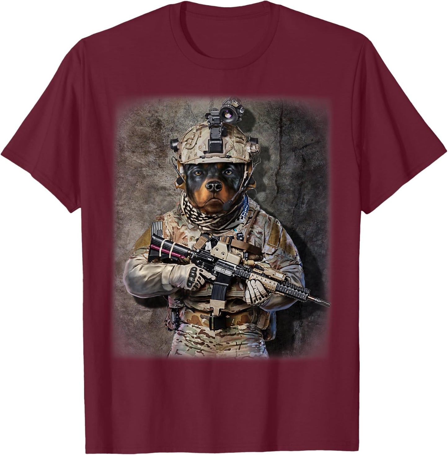 Rottweiler Dog as Army Commando in Full Tactical T-Shirt - T-Shirt | Maroon