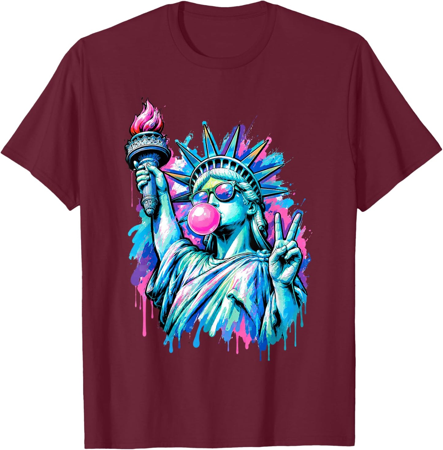 Funny Statue of Liberty Blowing Bubble Gum 4th of July Girl T-Shirt - T-Shirt | Maroon