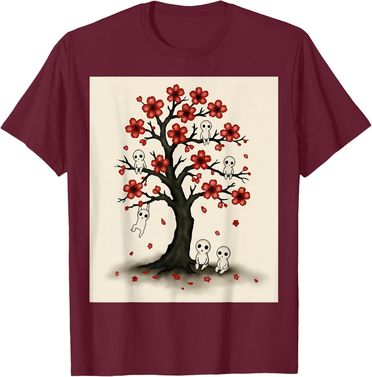 Cute Kodama Spirits in Sakura Red Blossom Tree Design T-Shirt - T-Shirt | Maroon
