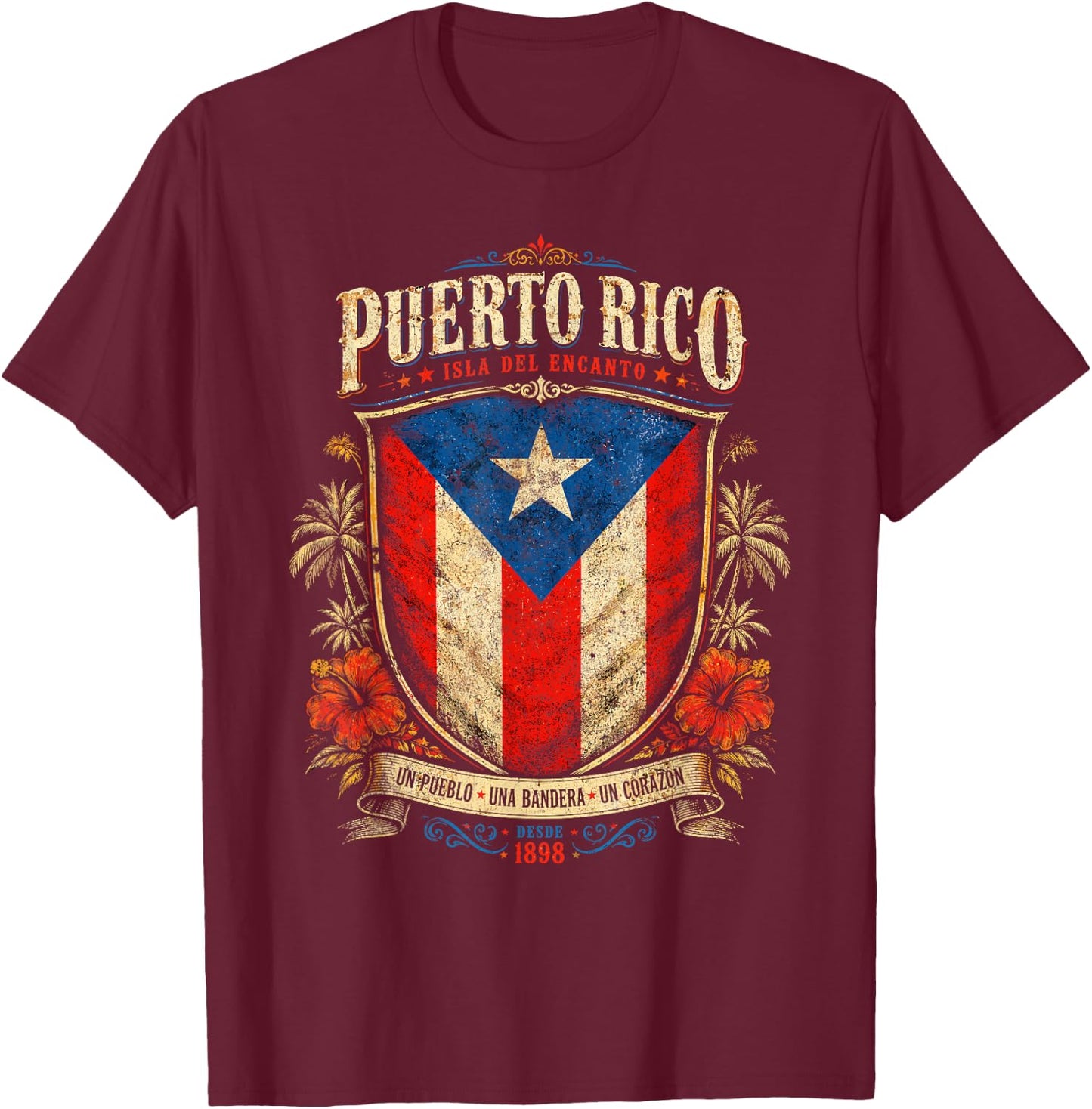 Puerto Rico Flag Vintage Boricua Isla del Encanto T-Shirt - T-Shirt | Maroon