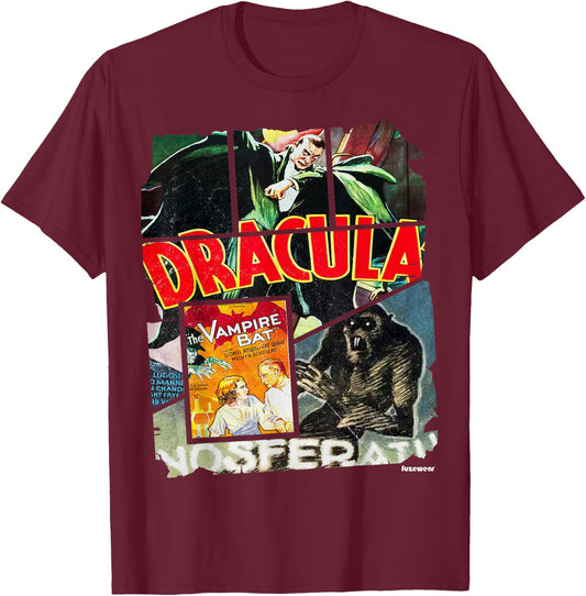 Vintage Style Horror Nosferatu Movie Poster Collage T-Shirt - T-Shirt | Maroon
