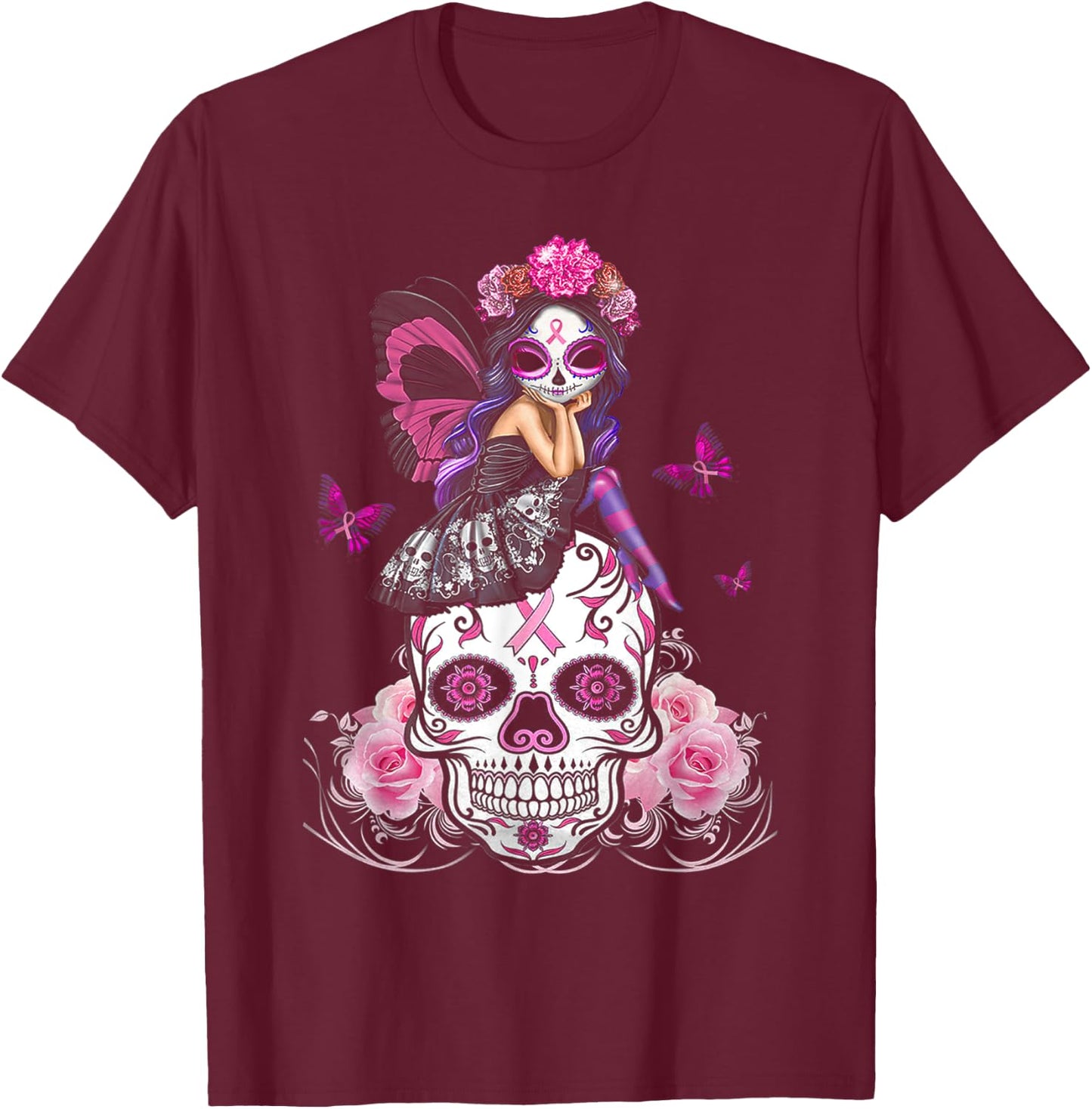 Cute Fairy Sugar Skull Breast Cancer Butterfly Pink Ribbon T-Shirt - T-Shirt | Maroon