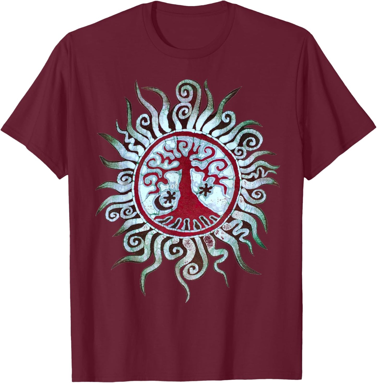 Tree Shirt Batik Artist hand drawn Tree and Moon Mandala T-Shirt - T-Shirt | Maroon